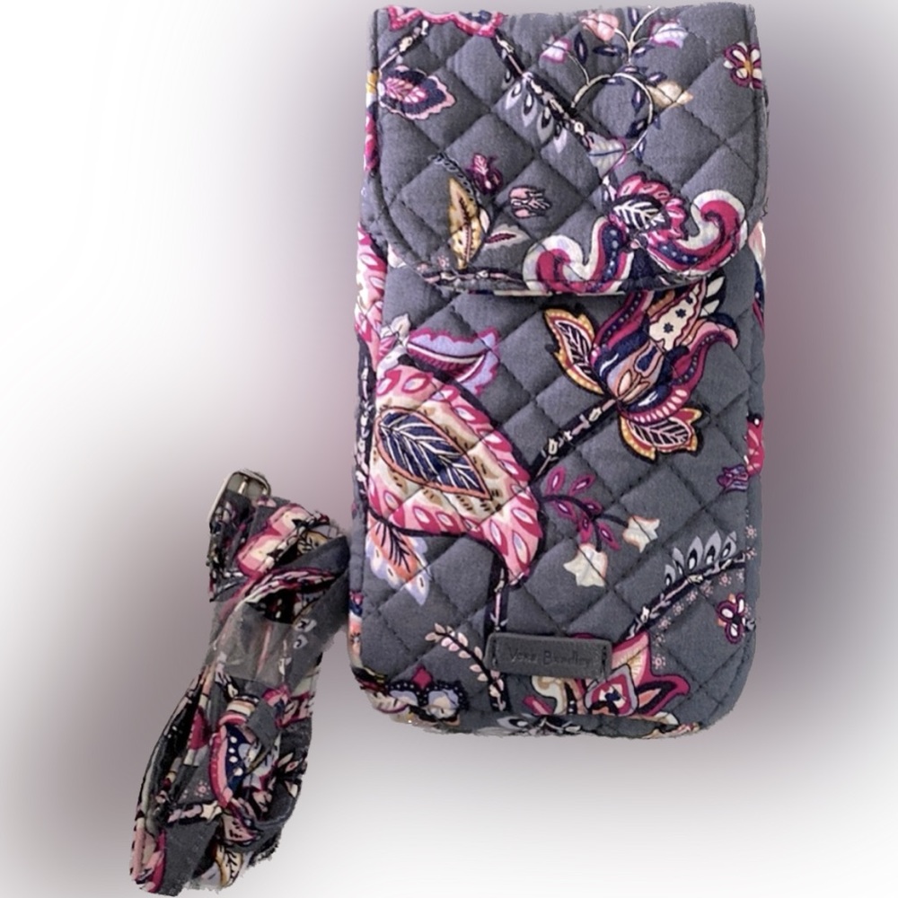 Vera Bradley Gray Quilted Crossbody Phone Bag with Pink & Purple Paisley Accents